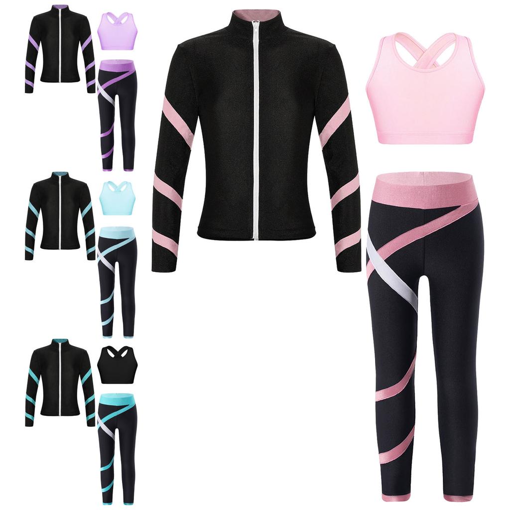 Teen Girls Figure Skating Sports Suit 3Pcs Bra Tops Shorts Leggings Jacket Set for Workout Gymnastics Fitness Yoga Training