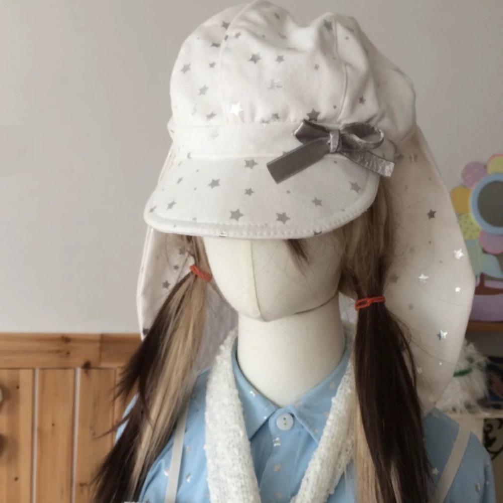 Хлопковая шапка с бантиком «Серебряная звезда» в стиле Y2K, берет с кроличьими ушками, универсальная съемная шляпа с кроличьими ушками, для девочки