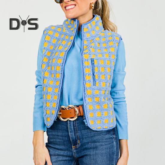 Women Vest Jacket Stand-up Collar Contrast Color Sleeveless Checked Pattern Cardigan Waistcoat Zipper Closure Daily Outdoor Outerwear