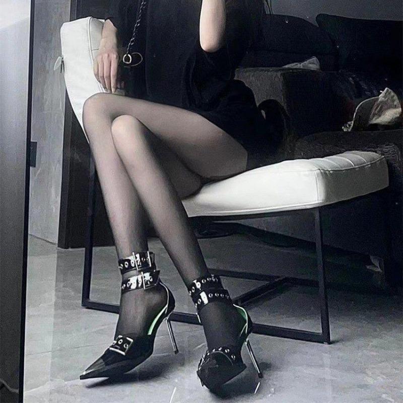 Модные туфли Baotou Single Shoes, летние новые, остроносые, с заклепками после молнии, на очень высоком каблуке, с одной линией пряжки