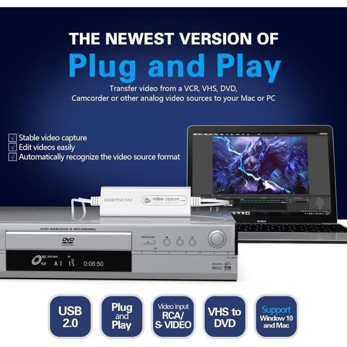 DIGITNOW Carte de Capture vidéo USB 2.0,convertisseur VHS VCR TV vers DVD