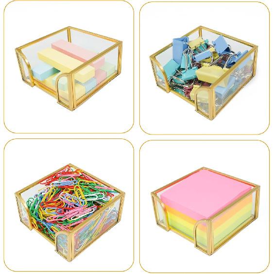 Sticky Note Holder Glass Post It Note Dispenser, 3 x 3 Inch Gold Sticky Note Dispenser, Stylish Post It Holder for Desk Home Office Decor