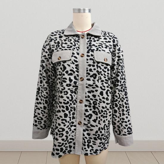 Women Spring Fall Coat Fake Chest Pocket Turn-down Collar Single-breasted Leopard Print Long Sleeves Mid Length Daily Wear Jacket