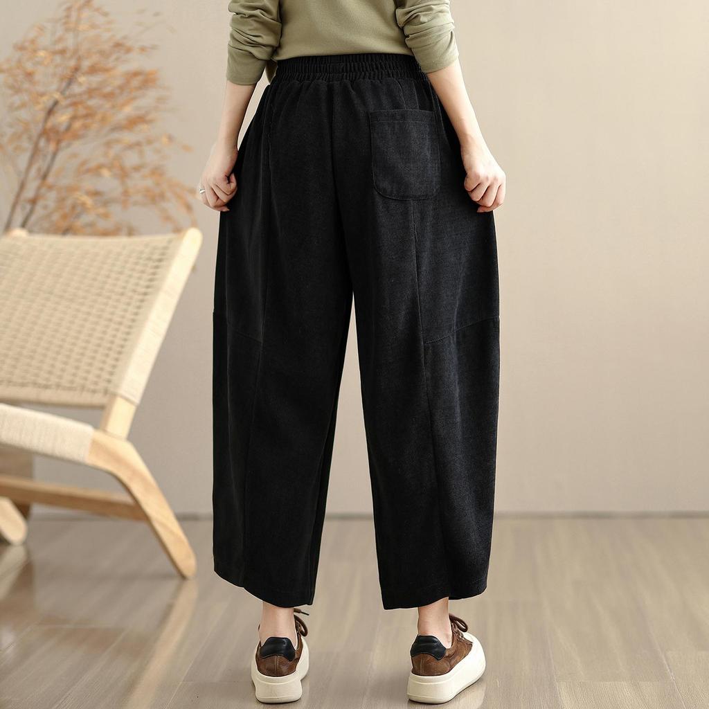 Вельветовые больших размеров Винтажные с высокой талией повседневные свободные Весенне-осенние Брюки-шаровары Женские брюки