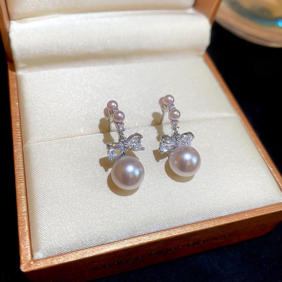 Серьги с серебряной иглой, бантом, цветком и жемчужной кисточкой - Элегантный дизайн с кубическим цирконием для женщин