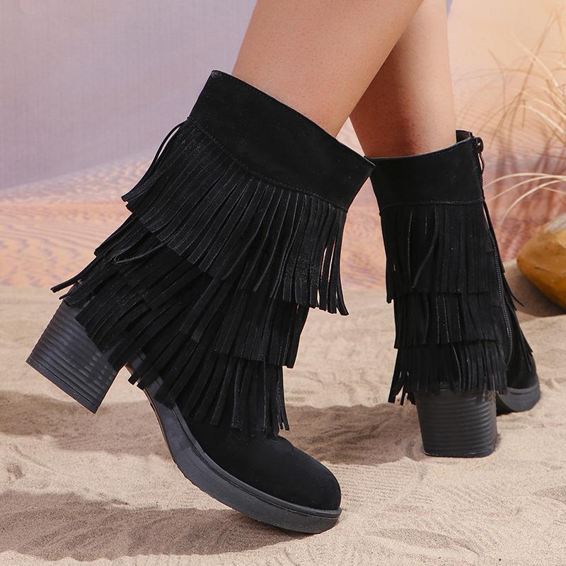 Женские дизайнерские ковбойские сапоги с кисточками, модные толстые каблуки с молнией сбоку, женские ботильоны из искусственной замши в стиле ретро, вестерн-ботасы Mujer