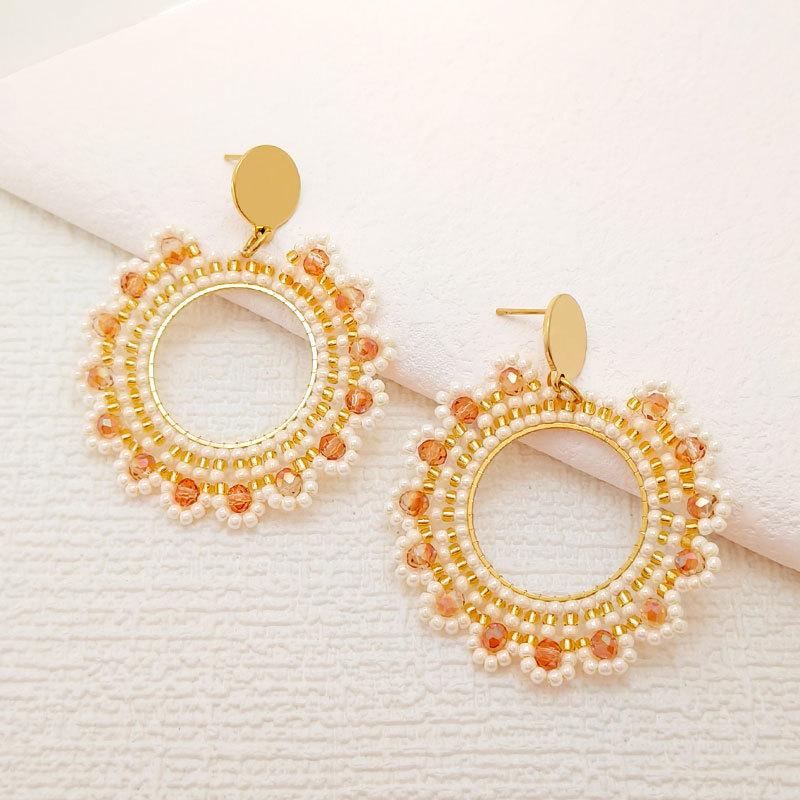 High-Grade Bohemian Style Drop Earrings Handmade with Gold Plating Stainless Steel Glass Rice Beads New Flower Design