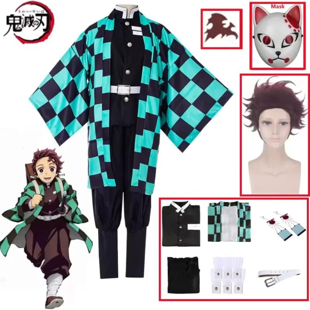 Аниме Тандзиро Камадо Косплей Истребители Демонов Kimetsu no Yaiba Косплей Костюм Парик Маска Кимоно Плащ Хэллоуин Униформа Взрослые Дети