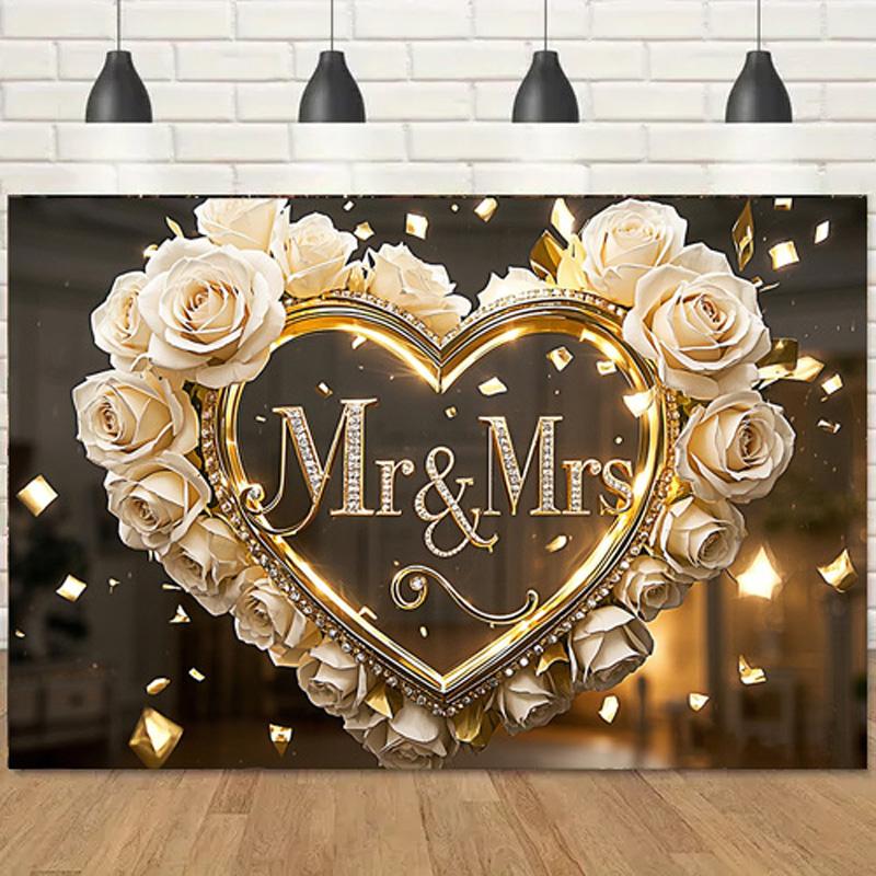 1 шт. Свадебный фон Mr&Mrs с белыми розами и золотыми сердцами, настенный декор для фотосъемки, вечеринки, плаката на день рождения, годовщину для улицы и помещения