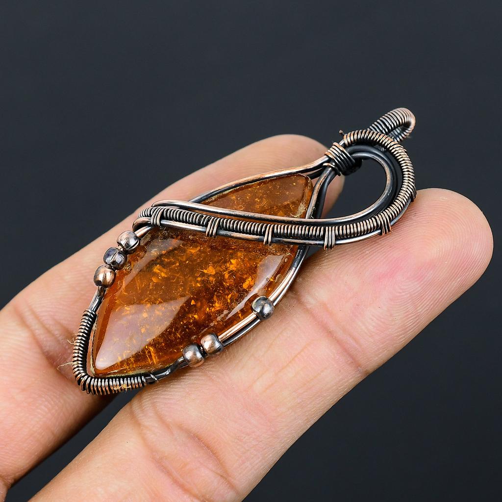 Подвеска ручной работы из медной проволоки из натурального балтийского янтаря, длина 2,76 дюйма, O3E20
