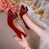 Fashion Large Size Wedding Shoes 2024 Spring and Autumn New Rhinestone Bow Red Bride High-heeled Female Pointed Toe Slip-on Pumps