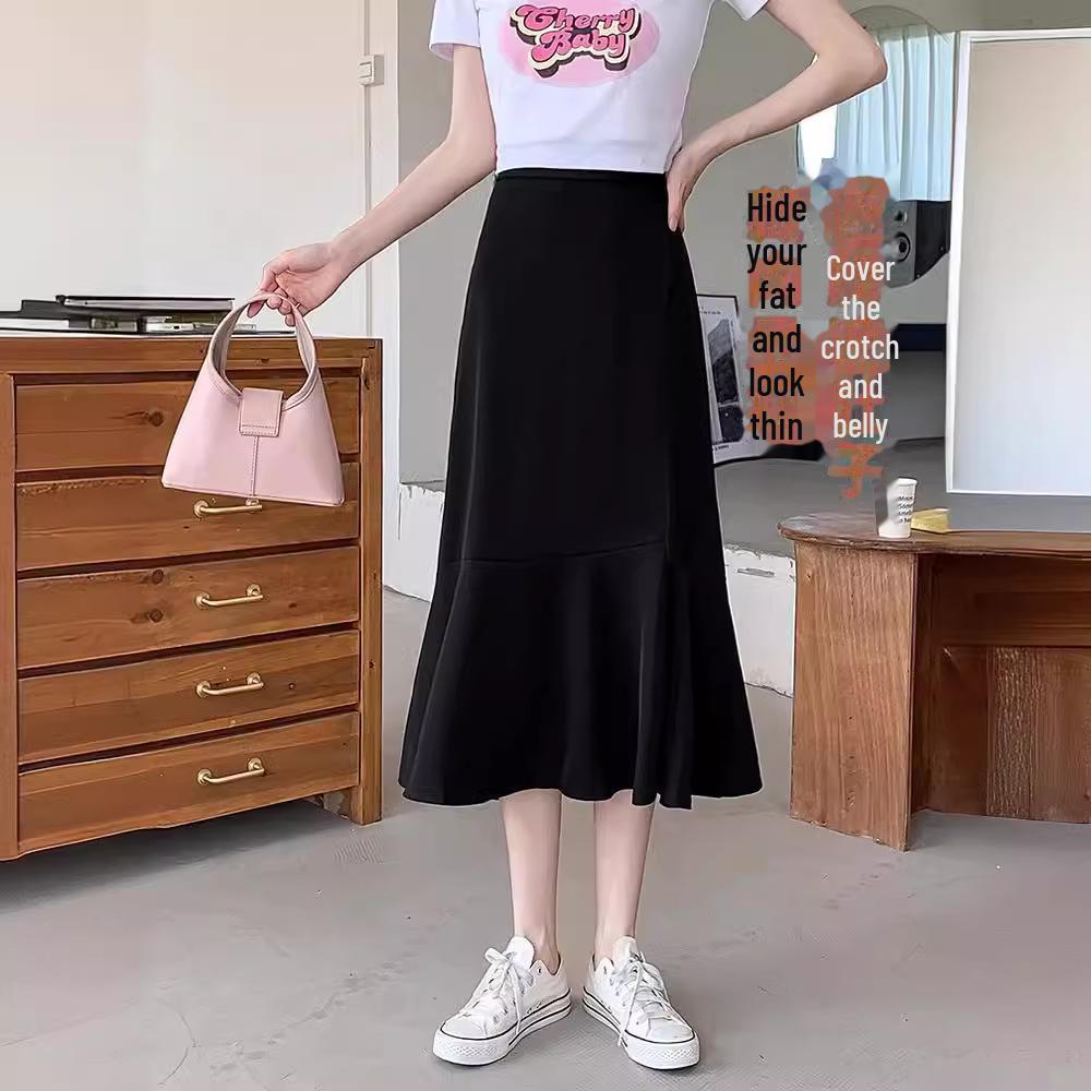 Черная юбка-рыбий хвост А-силуэта с высокой талией - весна, размер плюс, прикрывает живот, утягивает