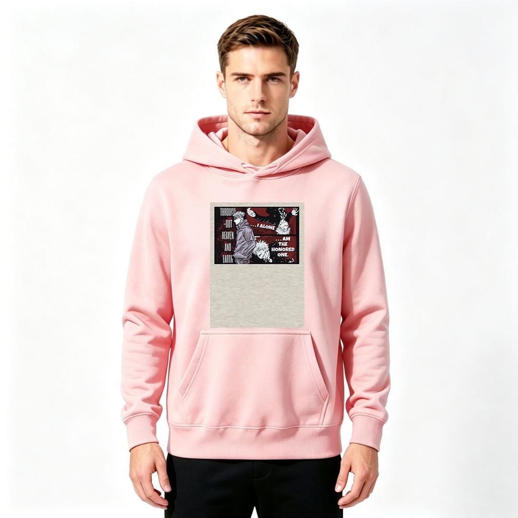 Men Anime Print Long Sleeve Pullover Hoodie Casual Heaven Earth Quote Graphic Sweatshirt for Daily Wear