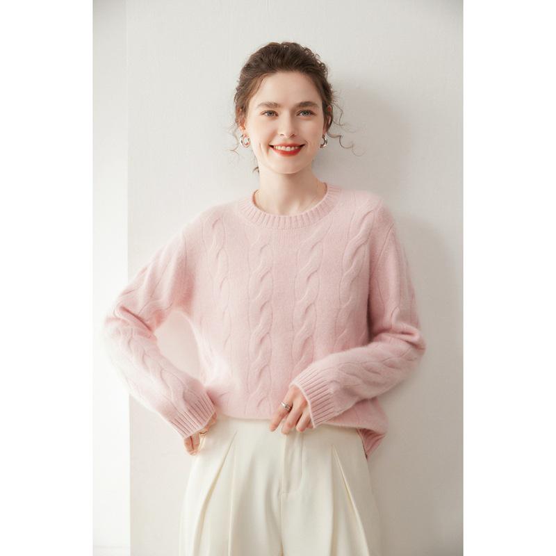 Women's Three-Ply Cashmere Cable Knit Drop Shoulder Sweater: Autumn/Winter Casual Loose Pullover