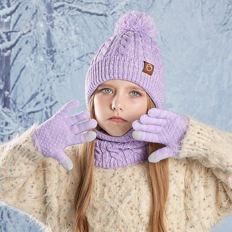 Children's Cap Scarf Gloves Three-Piece Set Coldproof Wool Cap Boys Girls Outdoor Warm Knitted Hat