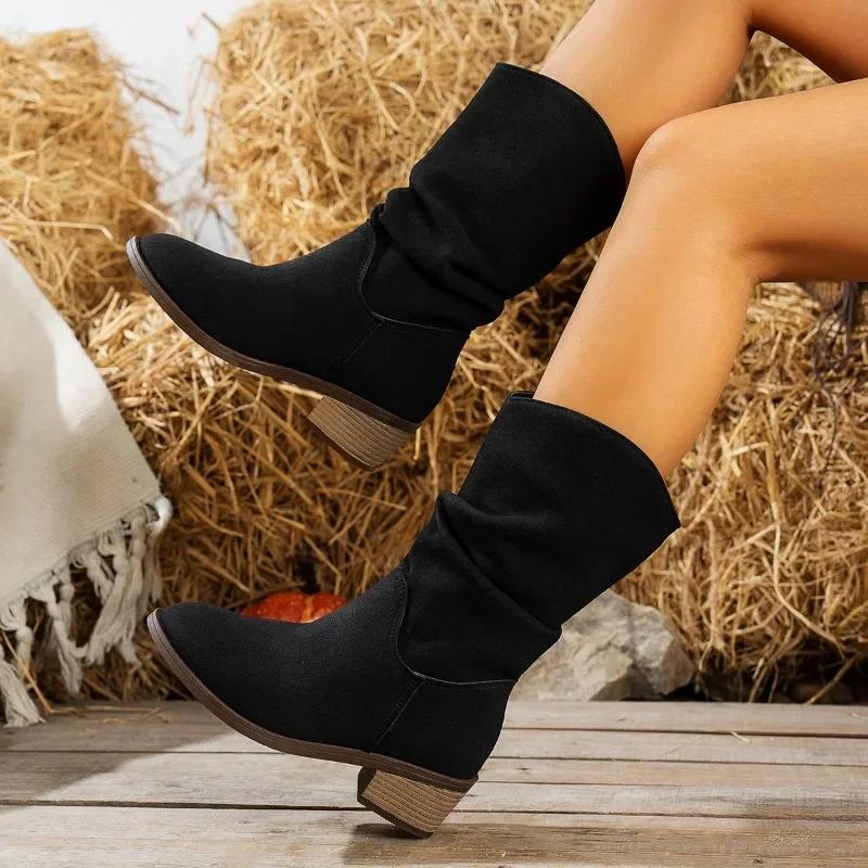 Женские плиссированные сапоги до середины икры, новые модные дизайнерские туфли, закругленные носки, сапоги до середины икры, сапоги на низком каблуке, женская обувь для женщин