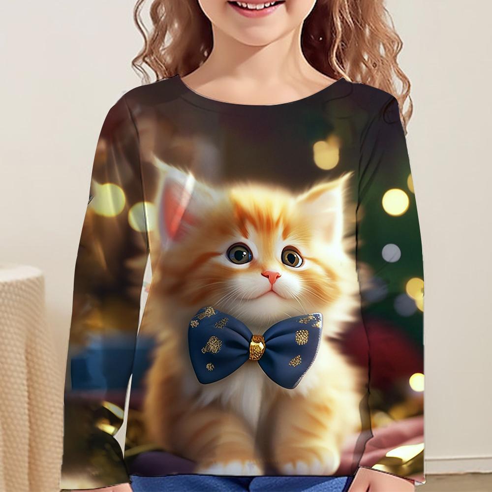 Одежда для девочек Футболка с котами Футболки с длинным рукавом Футболки с девчачьим принтом Топы Детская одежда Модная принтовая летняя одежда для девочек