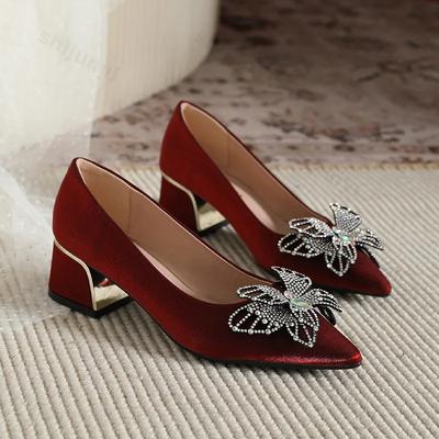 Модные женские туфли на высоком каблуке, босоножки с острым носком, сексуальные бордовые туфли со стразами, свадебные, роскошные одинарные туфли для банкетов, туфли с бабочкой 35-43