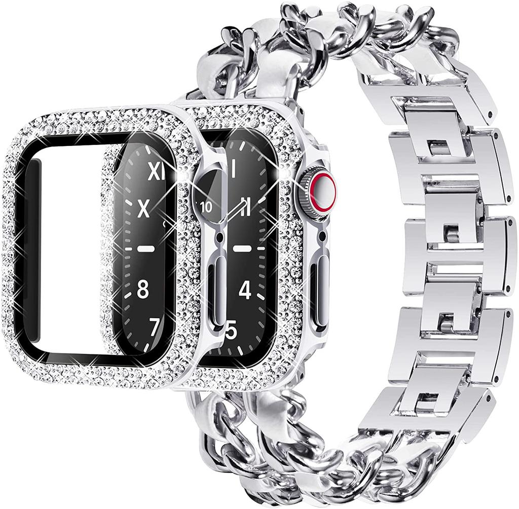 Модный ремешок в корпусе с бриллиантами для Apple Watch Band 40 мм, 41 мм, 38 мм, 44 мм, 45 мм, 42 мм, 40 мм, металлический ремешок для часов, браслет с кубинскими звеньями, IWatch Serie 8, 9, 3, 5, 6 Se 7