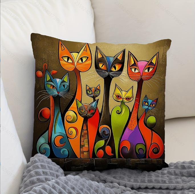 Vibrant Bohemian Style Short Plush Pillow Cover 45x45cm Charming Kitten Living Room Bedroom Decor (Pillow Insert Not Included)