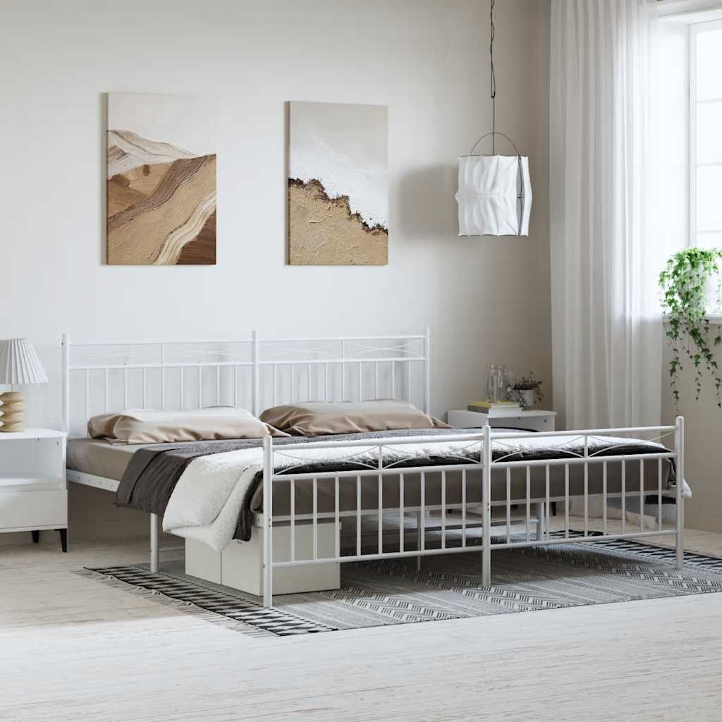 Metal Bed Frame with Headboard and Footboard White 193 x 203 cm