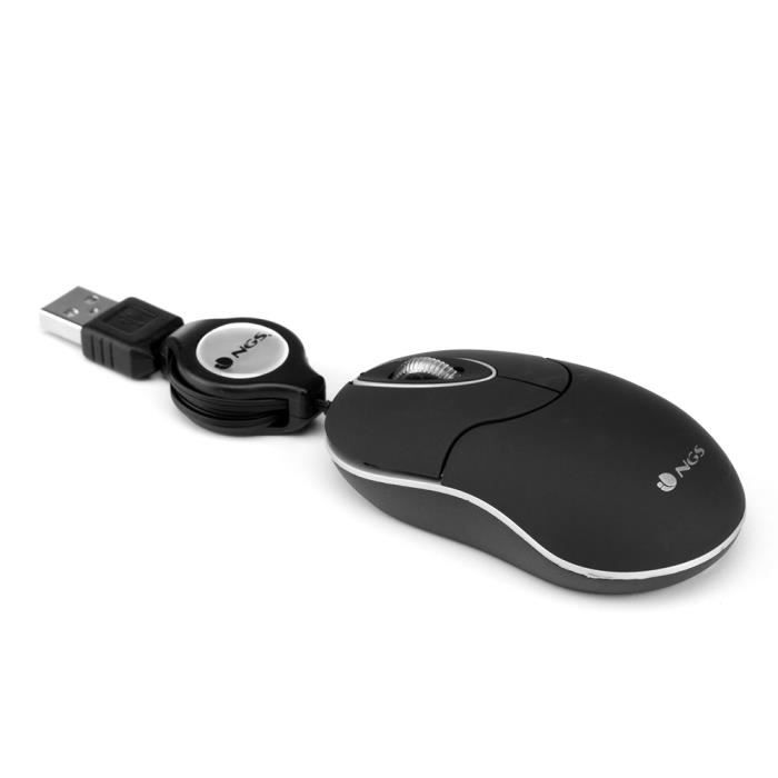 NGS Souris Optique - USB - 3 Boutons - Noir - Câble - 1000 dpi - Roulettes avec frein - Symétrique
