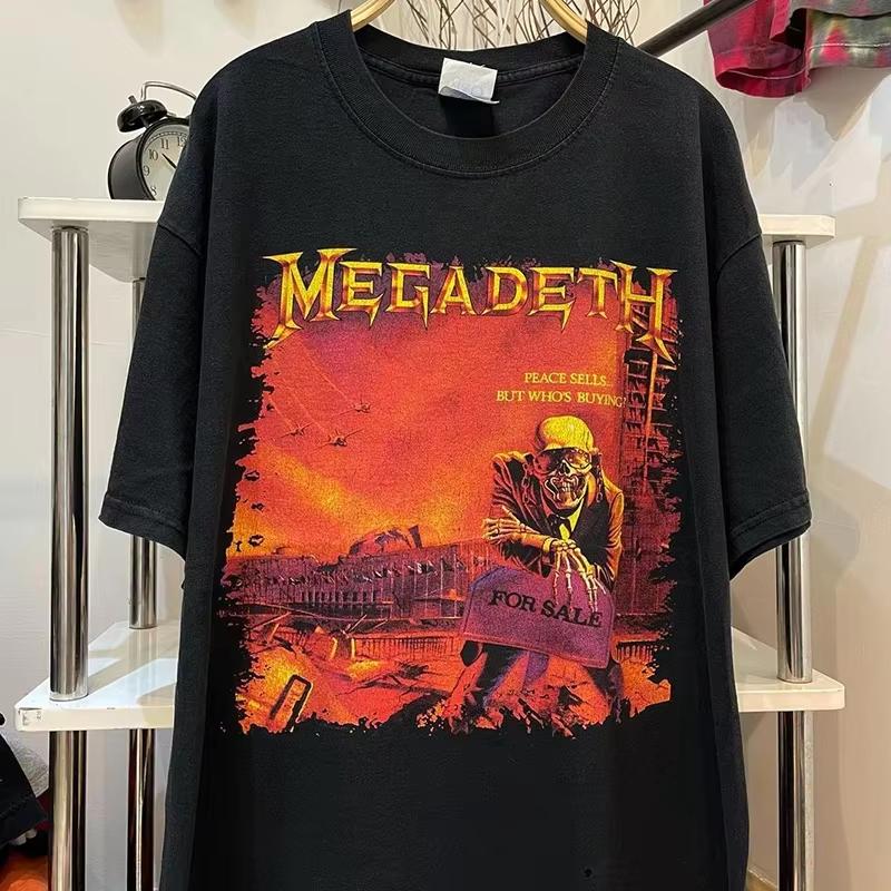2026 Retro Cyberpunk Men's and Women's Hip Hop Short Sleeve Trendy Megadeth Heavy Metal Rock Band T-Shirt Cotton Graphic Print Unisex Streetwear Top