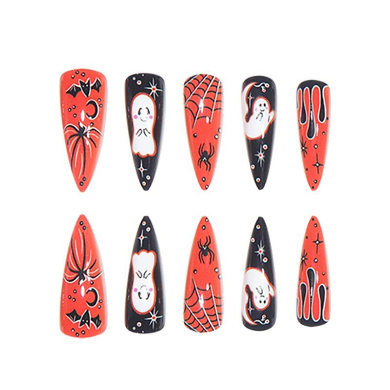 Halloween Nail Art Tips With Spiderweb Ghost Bat Blood Drop Design - Press-On Nails Gel Adhesive Jelly Glue Options