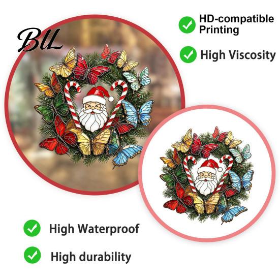 Removable Festive Window Art Christmas Wreath Sticker, Stained Glass Style, Santa Butterfly Candy Bathroom Decoration Cane Decal, PVC Static Cling for