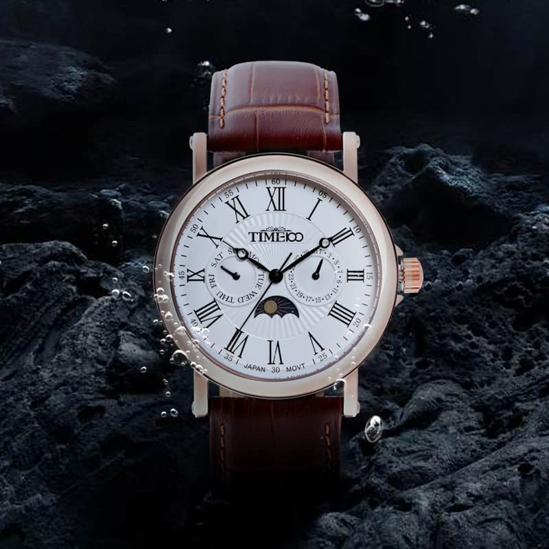 Часы Time100 Дата День недели Дисплей Дисплей Японский механизм Часы для офисных работников Взрослые Коричневый кожаный ремень Розовое золото День/Ночь Мужские Мужские