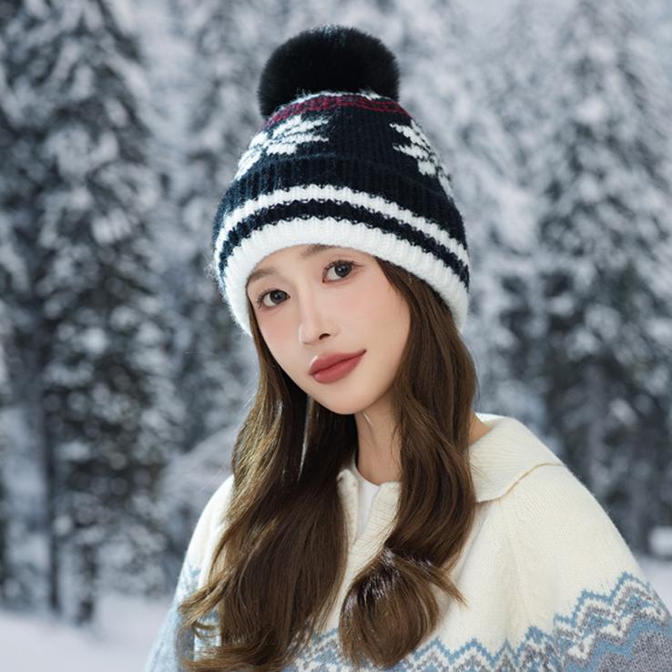 Женская осенне-зимняя рождественская шапка с помпоном и снежинкой, теплая вязаная шерстяная шапка, ветрозащитная шапка-пуловер