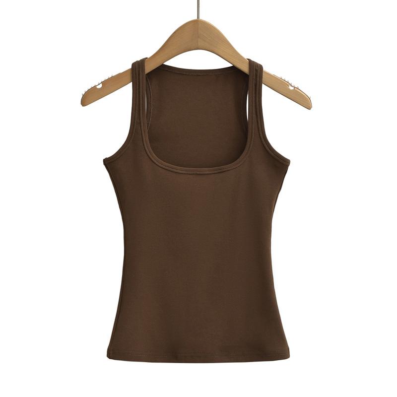 Women Scuplted  Solid Color Square Neck Tank Top