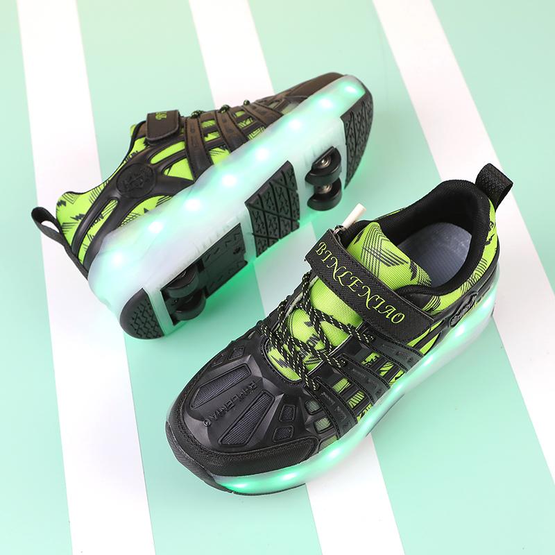 Четырехколесные роликовые коньки, детская спортивная обувь с выдвижными автоматическими колесами, зарядка через USB, светодиодная спортивная обувь