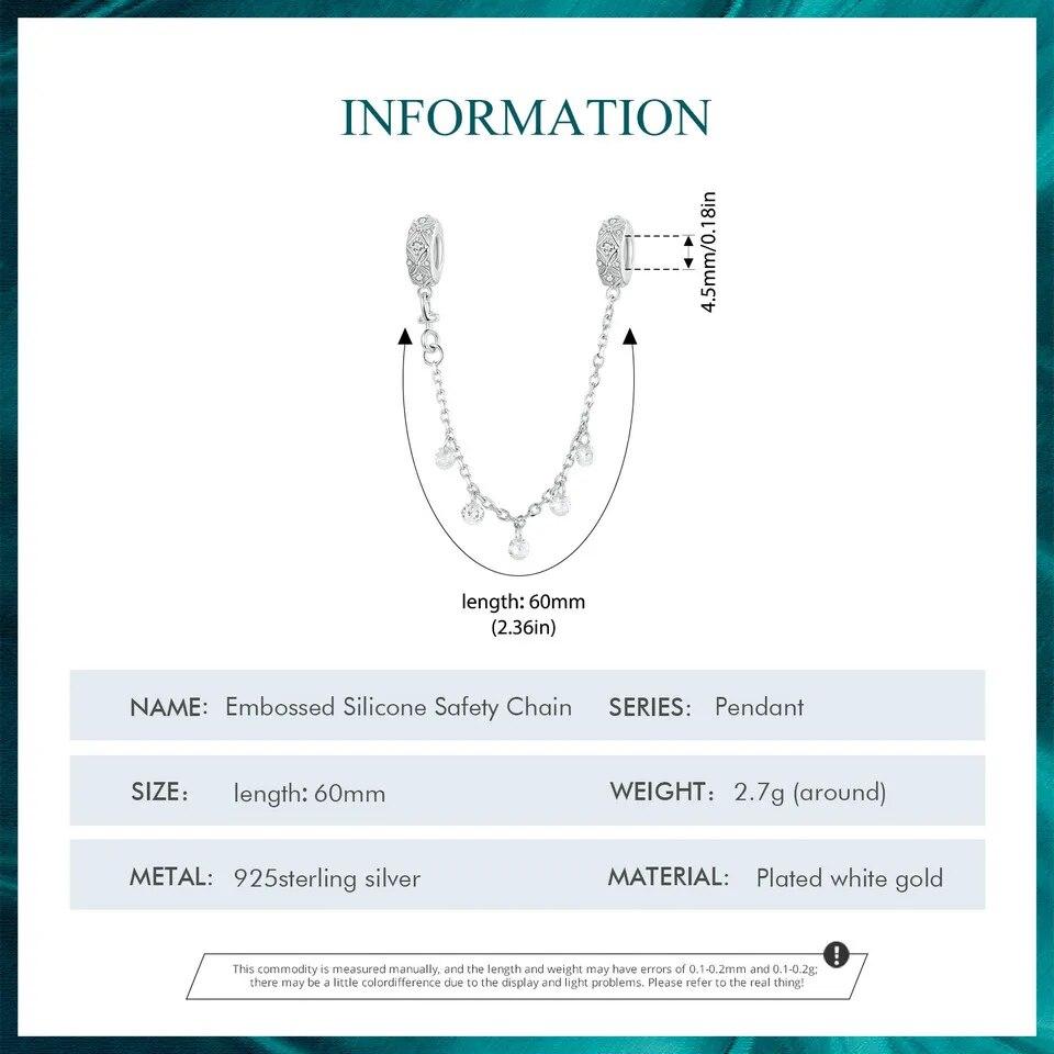 BAMOER Dainty Стерлинговое Серебро 925 пробы Тисненый Силиконовый Шарм CZ Защитная Цепочка для Женщин подходит Оригинальный Браслет Изящных Ювелирных Изделий