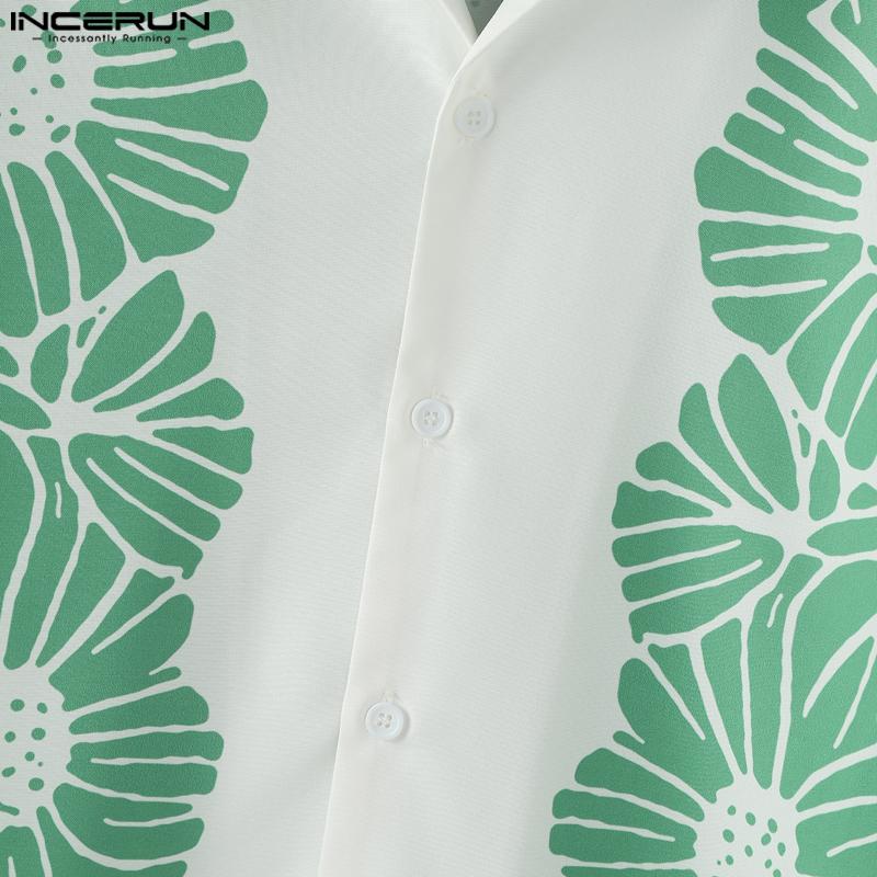 INCERUN Мужские рубашки с лацканами, короткими рукавами, принтом, декоративной строчкой, повседневные, свободного кроя