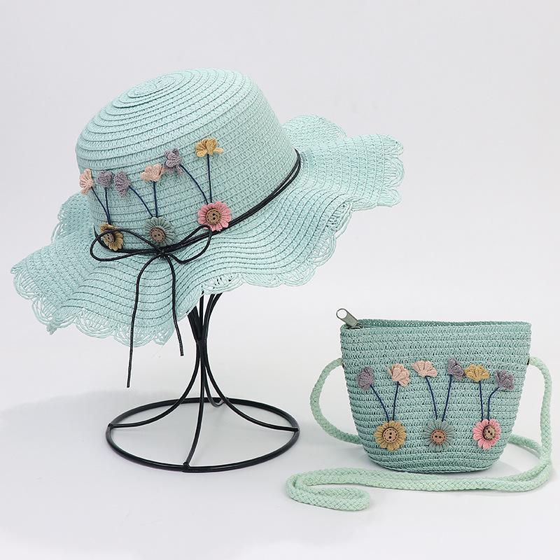 Korean-Style Kids' Floral Straw Hat & Bag Set - Sun Protection Beach Hat