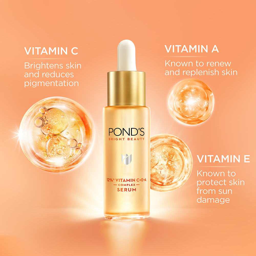 POND'S Сыворотка Bright Beauty 12% с витаминами C E A 28 мл для удаления следов от акне, пигментации, пятен, для чистой сияющей кожи, быстро впитывается