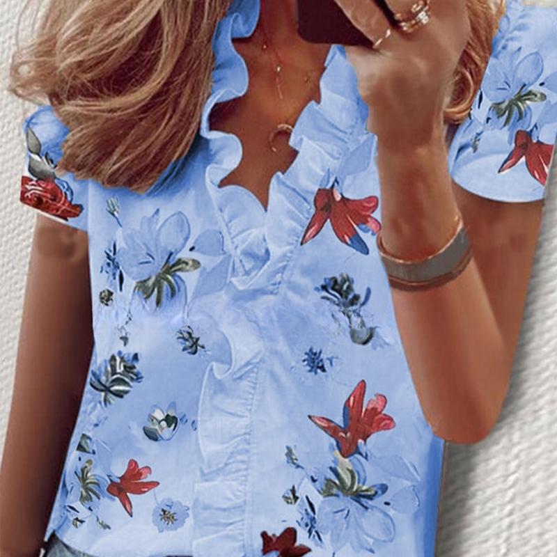 Модные рубашки с коротким рукавом и V-образным вырезом больших размеров для женщин, летние топы, элегантные повседневные свободные блузки с цветочным принтом, женская приталенная рубашка на пуговицах 26379