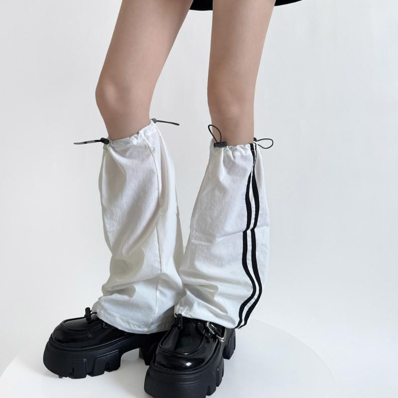 Fashion Drawstring Cargo Leg Warmers for Women Harajuku Side Double Striped Baggy Leg Covers Footless Socks Streetwear