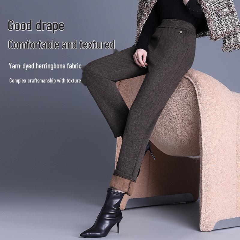 Women's Fleece-Lined Elastic Waist High-Waist Loose Straight-Leg Pants for Spring and Autumn