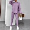 Women's Purple Hooded Knit Sweatshirt and Slim Fit Pants Set, Casual Loungewear Outfit with V-Neck Top