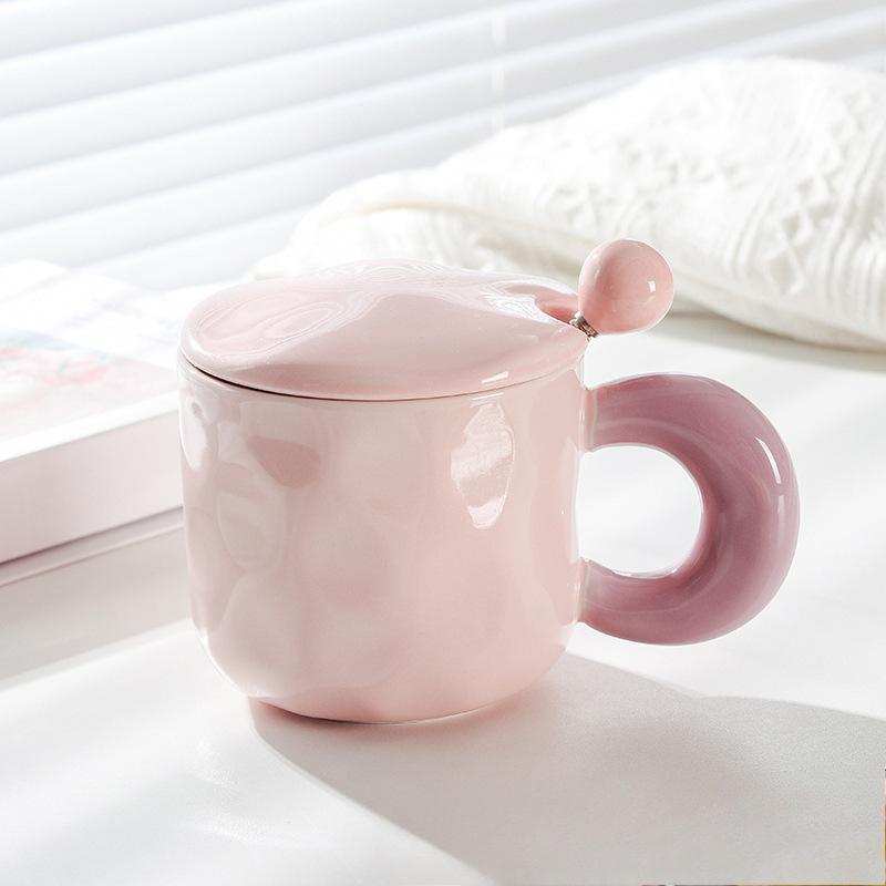 High Value Couple Cup with Lid Spoon Contrasting Color Hand Pinch Pattern Big Ear Ceramic Cup Office Home Coffee