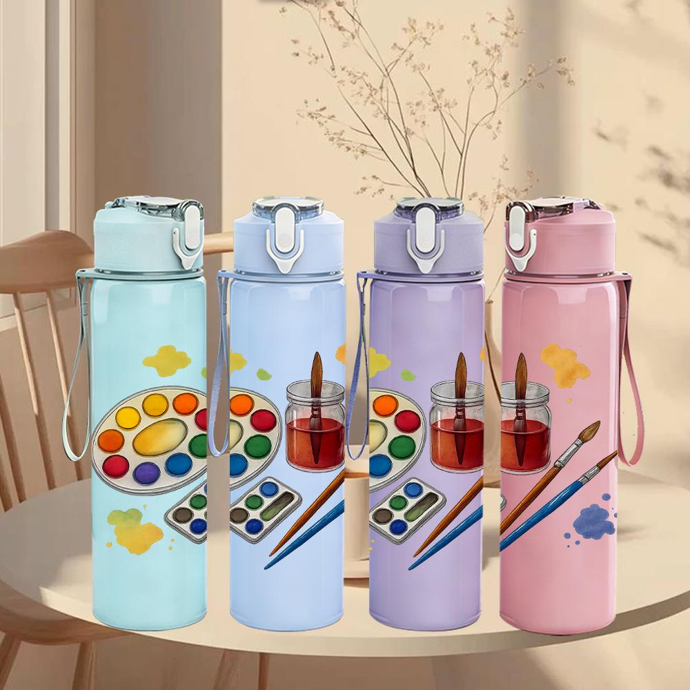 1PC Artist Paint Brush Palette Tool 750ml Color Plastic Sports Water Bottle Leakproof Flip Straw Lid Suitable for Sports Office Home Use