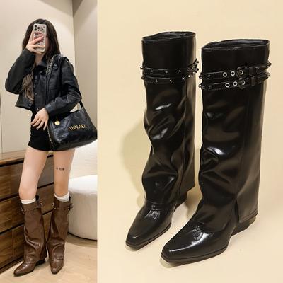 Мода 2024 года, роскошные дизайнерские зимние повседневные женские ковбойские сапоги, модные женские элегантные длинные сапоги на квадратном каблуке, женская обувь