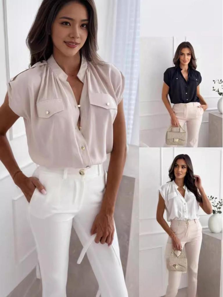 Летняя женская блузка однотонного цвета с V-образным вырезом и коротким рукавом, 2024