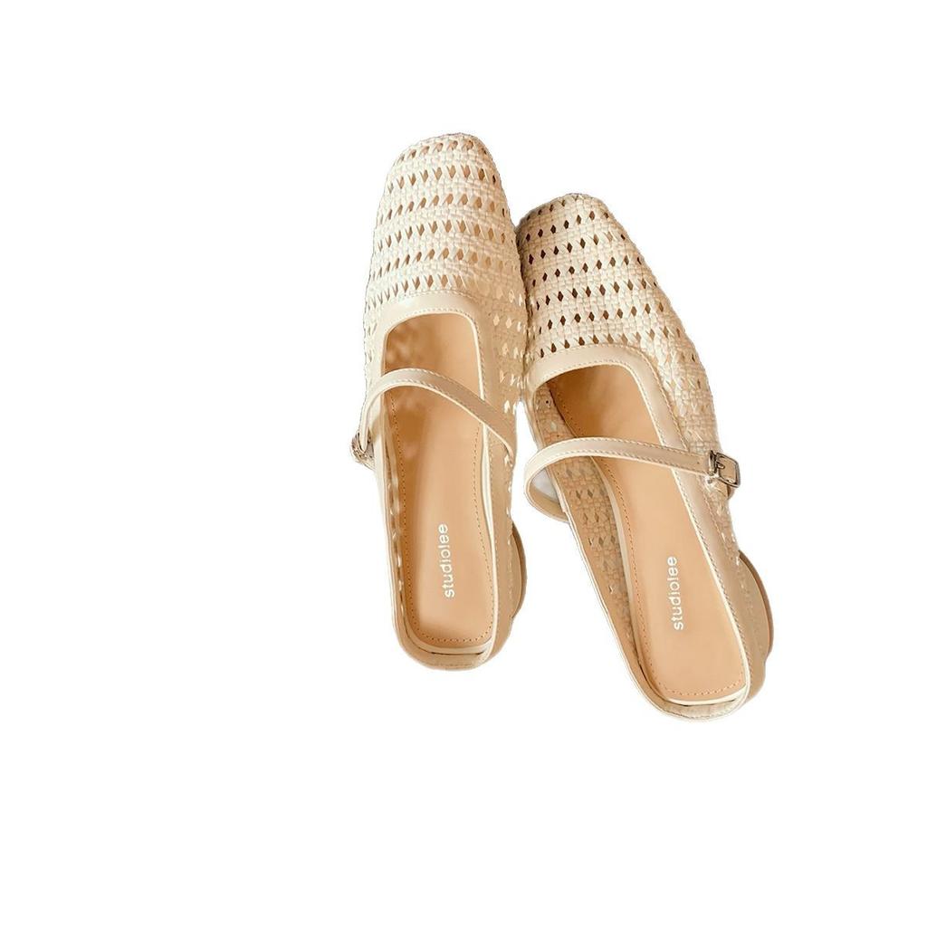 Grape Mother Has the Same Southern French Style~ Retro Woven Hollow Square Head with Versatile Sandals Muller Half Slippers
