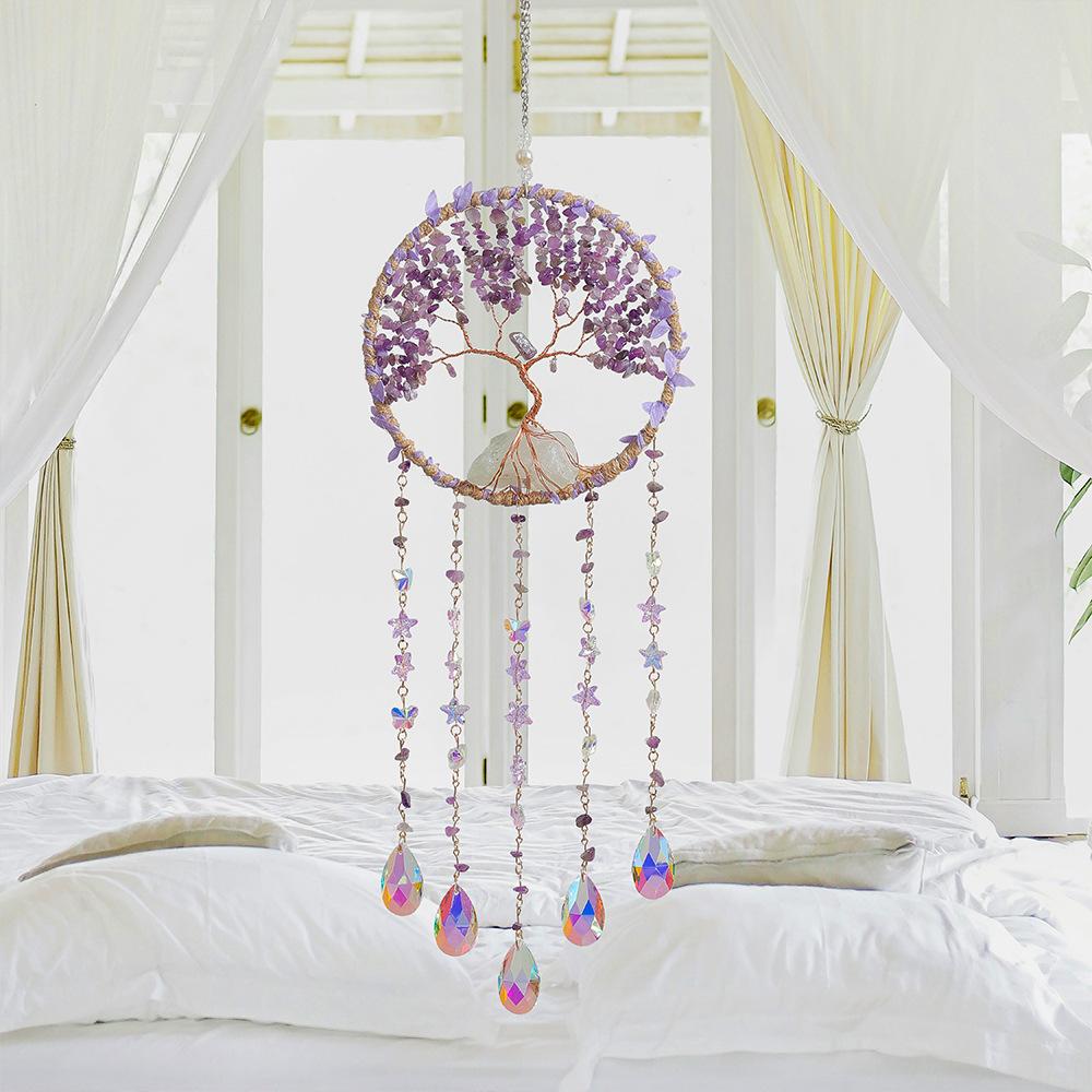 Hand-Woven Wind Chimes Life Tree Dream Crystal Wind Chime Crystal Stone Room Decoration Engraving Christmas