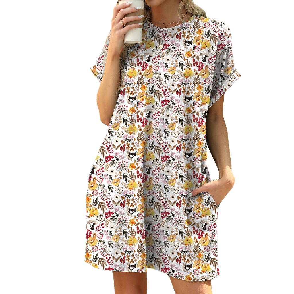 YYFS Женская мода лето весна цветочный узор принт короткий рукав О-образный вырез свободная талия повседневные платья