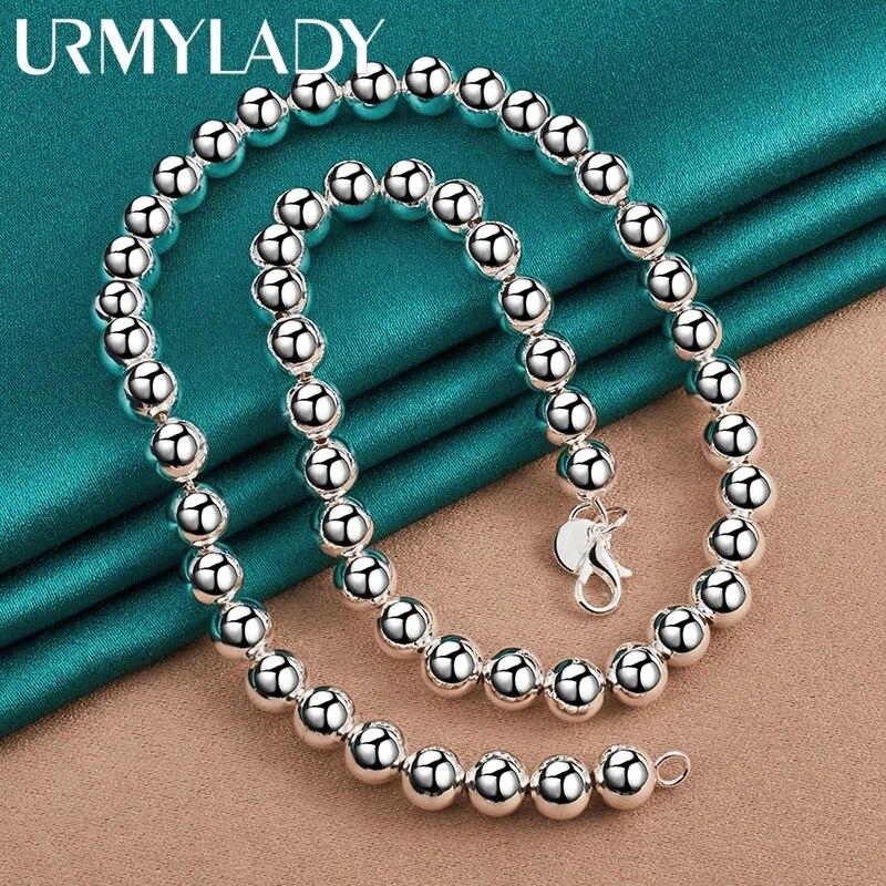 925 Sterling Silver 8mm Bead Chain 18 Inch Necklace For Women Wedding Party Fashion Charm Jewelry