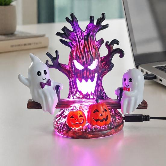 Animated Ghost Lamp for Desk Seesaw Light, USB Powered 3D Night Cute LED Fun Halloween Table with Spooky Tree And Pumpkin Design, Decor Bedroom Living